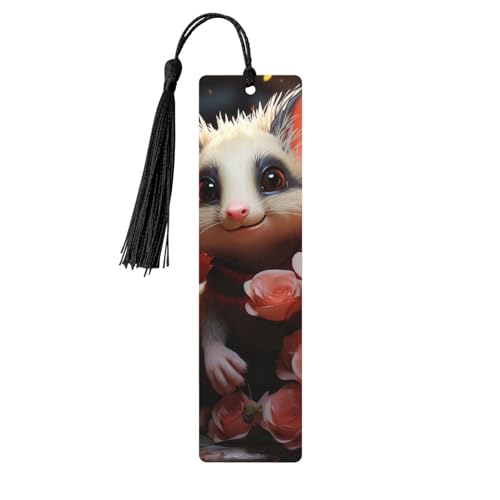 タッセル付き木製しおり ヴィンテージ木製ブックマーク 漫画オポッサムとバラ ファンシー ハンドメイド クラフトブックマーク 読書ページマーカー 木製ハンギングタグ オーナメント 本好き向け