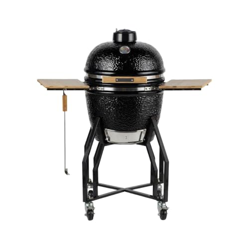 Intec – Barbacoa de carbón de madera Kamado negro de cerámica – 2 zonas de cocción para parrilla y ahumadero Ø 56 cm – Barbacoa móvil 122,1 x 69,6 x 117,4 cm