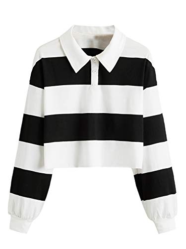 SweatyRocks Women's Long Sleeve T-Shirt Button Front Striped Polo