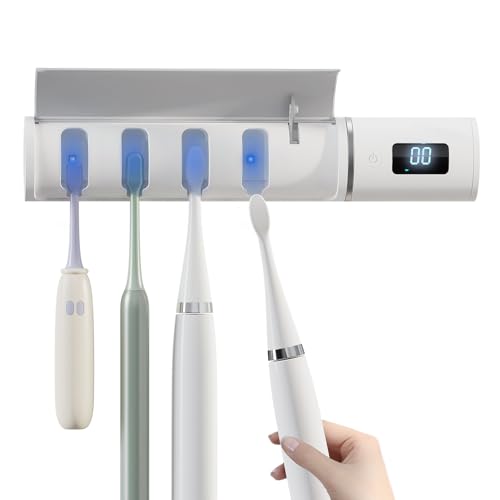 Toothbrush Holder with Wall Mounted and Timed Function for Bathrooms, Intelligent Sensor Lid Opening Device ToothCleaner, Glue Without Drilling (4 Slots)
