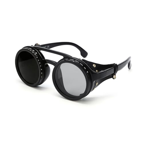 Adjustable Tint Sunglasses 9-Level Manual Dimming Polarized UV Protection Detachable Leather Side Shields Round Steampunk Style Ideal for Hiking Mountaineering Glacier Travel and Fishing