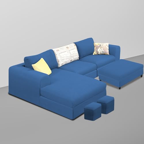Image of Koza LHS 4 Seater L Shape Sofa Set with Center Table for Living Room (Blue Fabric) Premium Fabric Sofa