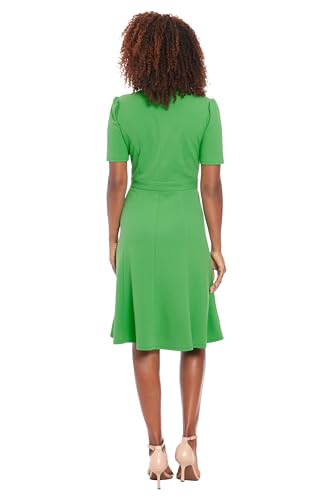 London Times Women's Dresses Women's Mock Neck Short Puff Sleeve Fit and Flare - Professional Work Dress - Wedding Guest Cocktail Dress, Kelly Green, 63