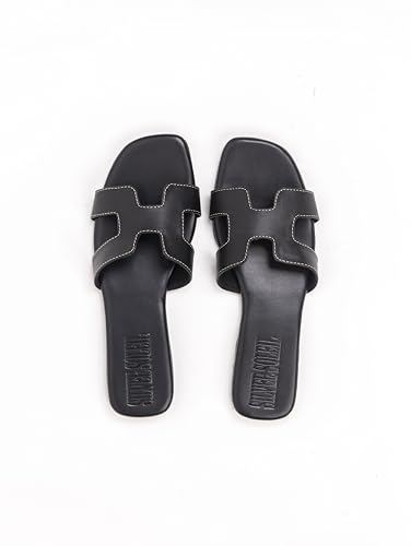 Women's Voyage Flat Slide Sandals - Square Open Toe Slides H-Band Slides for Women Fashionable Slip-On with Soft Leather Slippers for Summer | Comfort Walking with Beach Shoes2