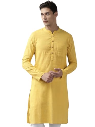 Image of See Designs Men Full Sleeve Cotton Solid Straight Slub Effect Kurta