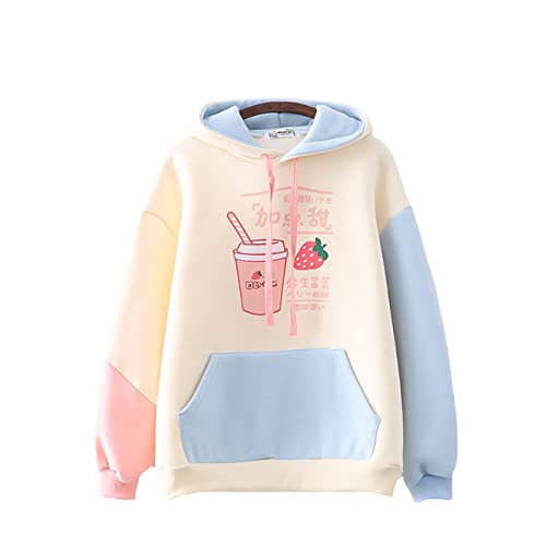 HIMI HIMIFASHION Kawaii Sudadera con capucha cálida para niñas, linda, fresa, con estampado de bebidas sueltas, de forro polar, con capucha, patchwork, beige, talla única