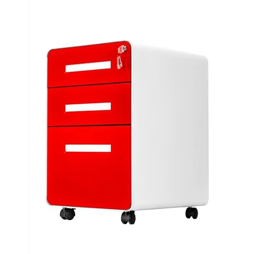 Panana 3 Drawer Mobile File Cabinet with Lock, Under Office Desk Metal Rolling Filing Cabinet Legal/Letter File Folders with Wheels and Stationary Feet for Home/Office, Fully Assembled (Red, SIZE1)