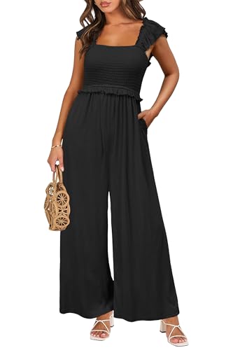 OUGES 2025 Summer Jumpsuits for Women Dressy Casual Overalls One Piece Cap Sleeve Off The Shoulder Square Neck Ruffled Wide Leg Pant Maternity Rompers Clothes Formal Outfits for Photoshoot(Black,XXL)