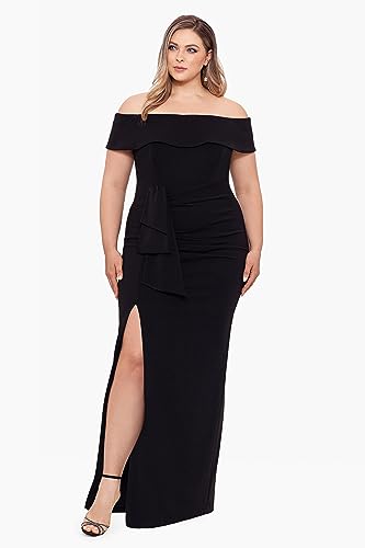Image of Xscape Women's Plus Size Off Shoulder Straight Neck Evening Gown with Foldover Cuff, Side Ruffle, Leg Slit, Fitted Formal Dress, Black, 14W