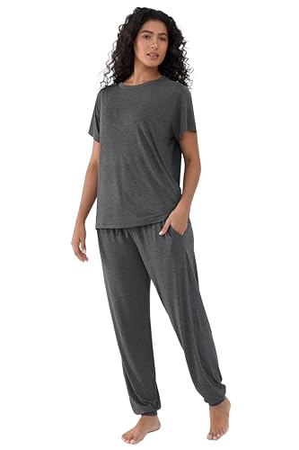 Image of Joyaria Women's Bamboo Viscose Cooling Pajamas Short Sleeve Crewneck Top & Jogger Pajama Pants with Pocket S-XXL
