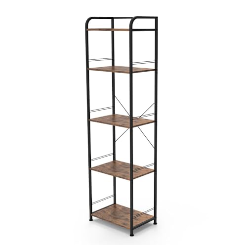 Uptyia Estantería Industrial de 5 Niveles, Diseño Vintage, Marco Metálico Negro con Estantes de Madera, 151x43x28cm, Organizador para Salón, Oficina, Dormitorio, Capacidad 110lb (Marrón, 5Tier)