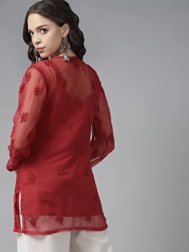 Image of Ada Women's Georgette Regular Fit Chikankari Hand Embroidered Lucknowi Short Top Kurti with Slip A211683
