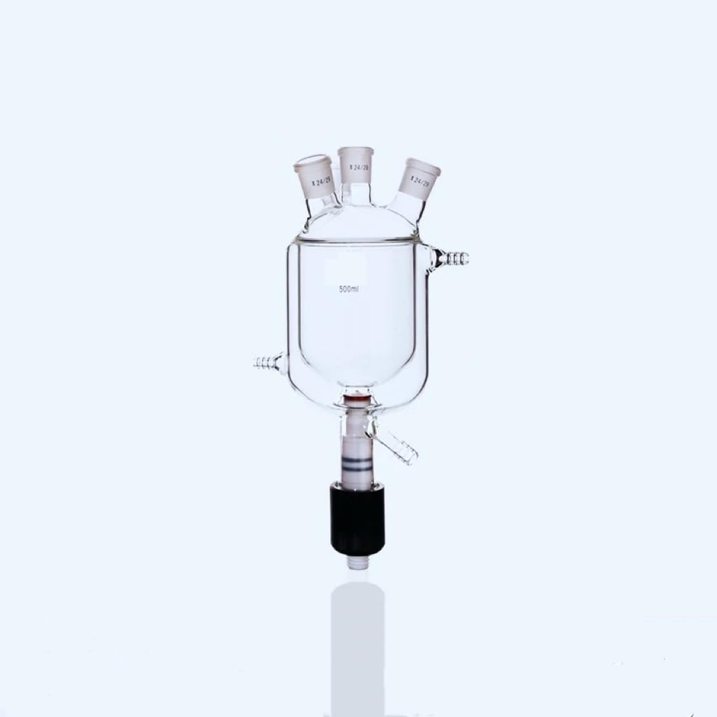 Four Mouth Jacketed Reaction Bottle with PTFE Plunger Valve - Double-Layer Reactor Flask for Reactions(2000mL 24x24x24x24)