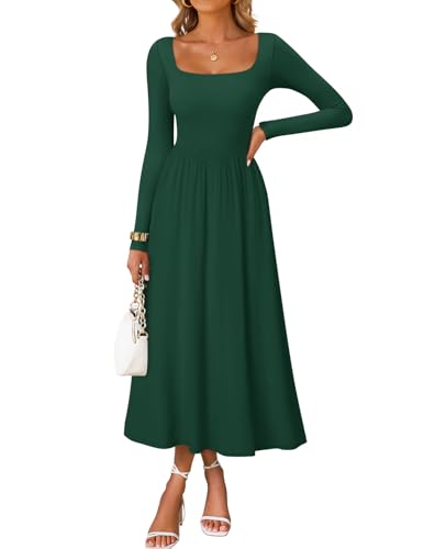 ZESICA Spring Dresses for Women 2026 Elegant Classy Square Neck Long Sleeve Flowy Wedding Guest Party Midi Dress Dark Green M
