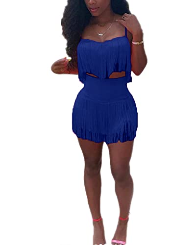 Womens Sexy 2 Piece Outfits Sleeveless Crop Top Feather Tassels Bodycon Mini Dress Outfits Clubwear Blue S #TOP12