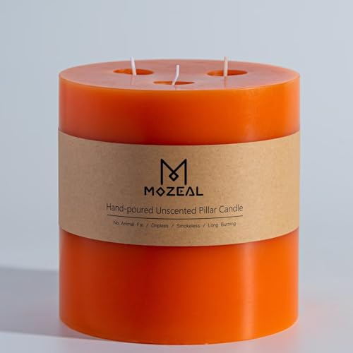 MOZEAL Extra Large 3 Wick Orange Pillar Candle, 6" x 6", Unscented, Dripless, Smokeless, and Clean-Burning. Approx. 120 Hours of Burn Time. Perfect for Thanksgiving, Dinners, Halloween and Fall Decor