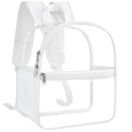 Image of Busiuw Clear Backpack for Stadium Events 12x12x6 Mini Small Sports Fan Backpacks with Front Pocket for Concert Sport Events Work Travel(White)
