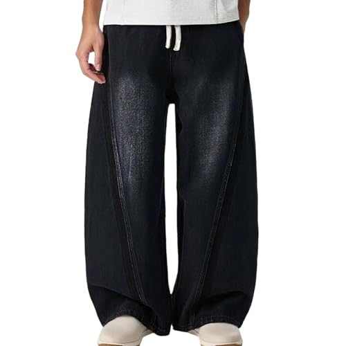 Jeans Hombres Baggy Straight Vintage con Cintura Elástica y Cordón Pantalones Jeans Sueltos Tipo Skater Pantalones Cargo de Streetwear con Pierna Ancho