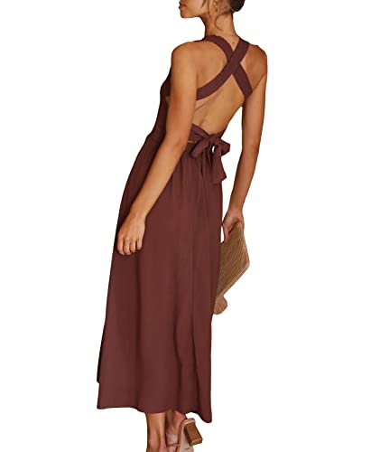 Image of Sexyshine Women's Square Neck Halter Lace Up Criss Cross Maxi Dress Tie Back Sleeveless Smocked Ruched A Line Dress