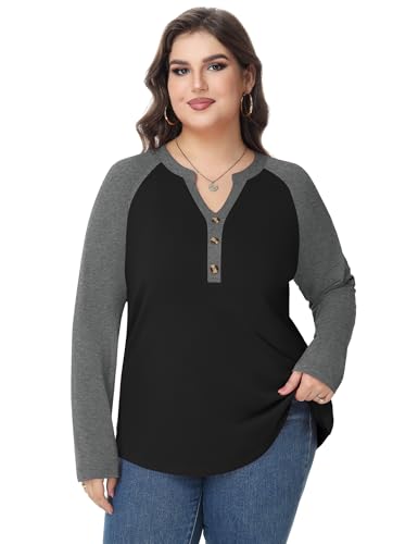 TFSDOD Plus Size Tops for Women Raglan Long Sleeve V Neck T Shirt Color Block Tunic Casual Loose Blouses2