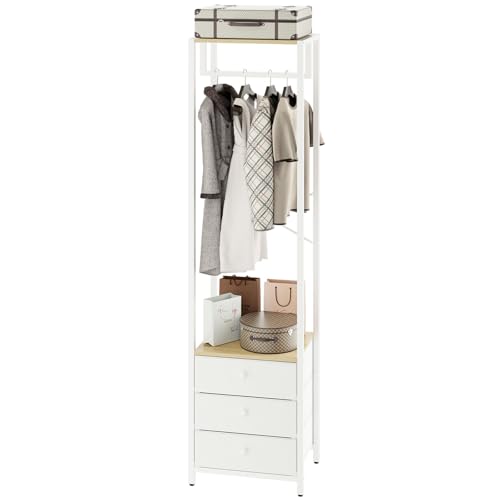 YMYNY Perchero con cajón no tejido, organizador de armario independiente alto, vestidor alto de pie para dormitorio, sala de estar, entrada, 39×29×179CM color madera y blanco HGR001R