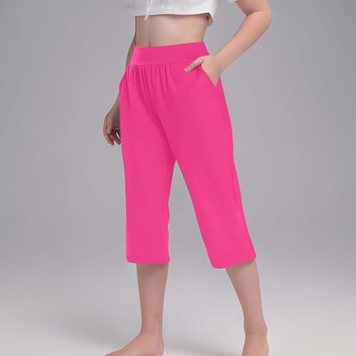 Girls' 𝐂apri Leggings Kids Workout Toddler Soft 𝗦tretch Crop Knee Pant Summer Cropped Pants with (Hot Pink, 6-7 Years)3