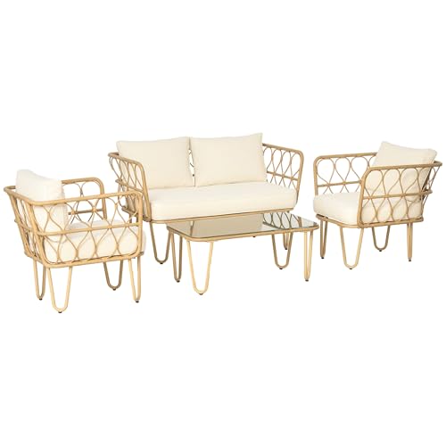 Outsunny Ensemble Salon de Jardin 4 pièces canapé 2 Places + 2 fauteuils + 1 Table Basse Plateau Verre trempé 7 Coussins - Acier et résine tressée - crème