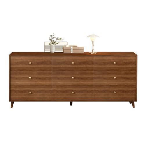 9 Drawer Dresser For Bedroom, 63 Inch Dresser for Closet with Walnut Frame, Modern Solid Wood Chest of Drawers with Natural Texture & Pre-Embedded Slots For TV Stand, Living Room, Hallway, Office