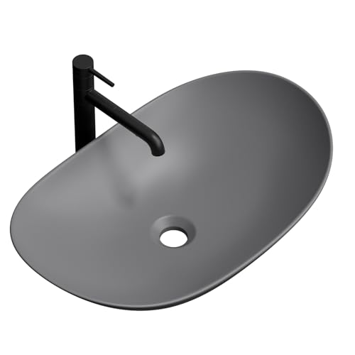 EMKE Lavabo Oval 61,5 × 36 × 15,5 cm, Lavabo de Cerámica para Baño y WC Invitados, Mini Lavabo Pequeño, Gris Mate