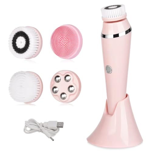 Cepillo eléctrico de limpieza facial, limpiador facial giratorio de 2 vías con 3 modos, 4 cabezales de cepillo intercambiables, recargable, IPX7 impermeable para todo tipo de piel (limpieza diaria y