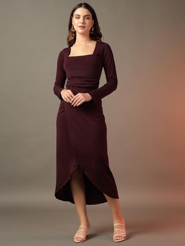 Image of Trend Arrest.ed Women's Bodycon Midi Dress | Square Neck Wrap Style | Stretchable | Full Sleeve Fitted Dress for Party, Evening, Casual Outings & Date Night