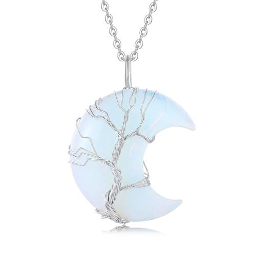Image of XIANNVXI Tree of Life Wire Wrapped Crescent Moon Pendant Necklace Reiki Healing Crystal Stone Necklaces Natural Gemstone Quartz Jewelry for Women