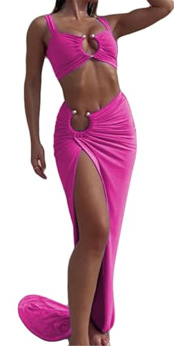 Women's Sexy 2 PCS Metal Ring Tank Tops Bodycon Ruched Split Skirts Cocktail Party Dress Outfits Set