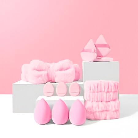 Image of Multi-Shape Makeup Sponge Set | 20 Piece Beauty Puff Collection with Headband and Clean Sponge | Pink, Purple, Beige & Bright Sets | Face Blender Kit for Cream, Liquid & Powder | Aesthetic and Functional Makeup Tool (Baby Pink, 20Pcs)