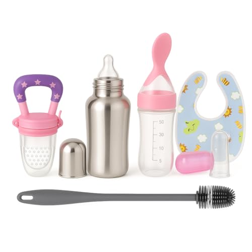 Image of Shark Doo Doo Stainless Steel Bottle for Babies (0-12 Months) - 250ml with Silicone Cleaning Brush (Combo Pack) | BPA Free (SS 6in1 Combo Pink)