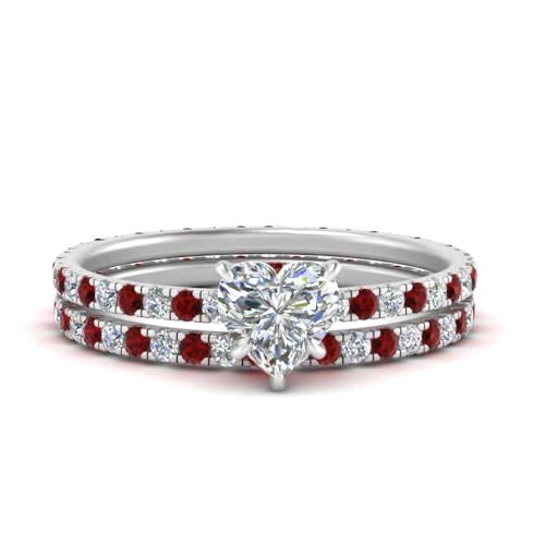 Image of 55Carat Choose Your Gemstone Classic Delicate Diamond CZ Wedding Set sterling silver Heart Shape Wedding Ring Sets Ornaments Surprise for Wife Symbol of Love Clarity Comfortable US Size 4 to 12