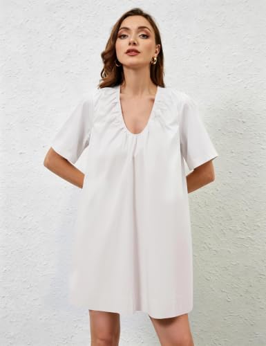 Image of Women Summer Sleeveless Babydoll Mini Dress Scoop Neck Loose Fit Tank Dresses Party Ruched Short Dress with Pockets