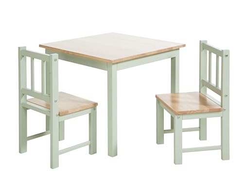 Bomi Amy - Juego de mesa infantil de madera con 2 sillas, mesa y sillas para niños, mesa de juego en color natural y verde, mesa infantil para interiores, mesa de pintura y mesa de manualidades para