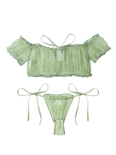 Image of Lilosy Sexy Stretch Ruffle Tie Sheer Mesh Lingerie Set Outfits