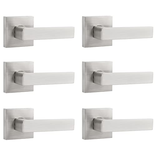 Probrico 6 Pack Door Handles In Satin Nickel, Half Dummy Levers Non-Turning Function Hardware Set,Square Bar Modern Style,Single Dummy,Universal Handing,Heavy Duty #TOP16