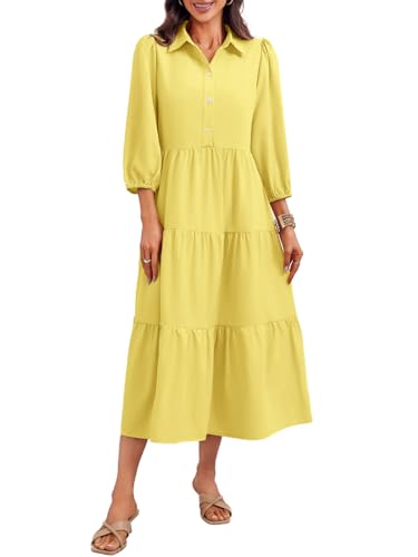 Image of Wenrine Womens Casual 3 /4 Sleeve Shirt Dress Button Down V Neck Tiered Collared Flowy Maxi Dress