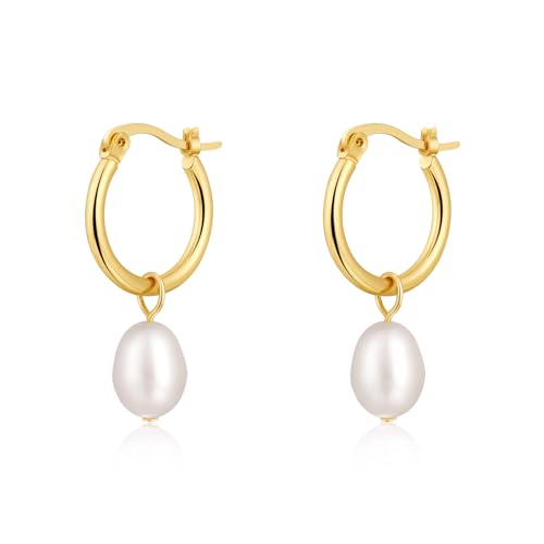 Pancert Gold Hoop Earrings for Women Pearl Earrings Lightweight Teardrop Hoop Earrings Paperclip Drop Dangle Earrings 14K Gold Plated Large Oval Pull Huggie Hoop Earrings Simple Everyday Jewelry -  ER-01-Dainty Pearl Earrings-Gold