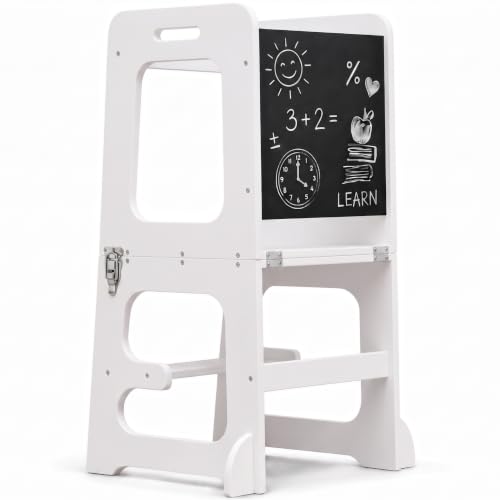 Image of Avenlur Toddler Tower, Date 4-in-1 Kitchen & Learning Tower (White) | Avenlur Date 4-in-1 Kitchen Tower doubles as a kitchen stool for toddlers, montessori tower, and toddler tower table.