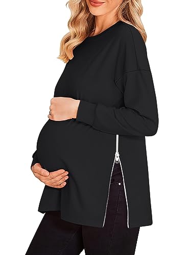 Image of Women's Maternity Shirts Long Sleeve Sweatshirt Zipper Split Side Pregnancy Casual Tunic Top