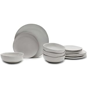 12-Piece Dinnerware Set for 4 | La Mère tableware by Marie Michielssen | 4 white Dinner Plates, 4 Small Plates, 4 Bowls | Stoneware Home Kitchen Essentials Sets | Dishware and Dishes