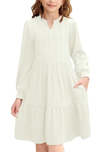 Girls Fall Knit Dresses V Neck Long Puff Sleeve Dress Ruffle Hem with Pockets 6-14 Years