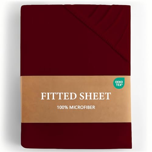 Drap-Housse Lit Double 140x200 cm - Bonnet 25 cm - 100% Microfibre Premium - Doux - Respirant - Anti-acariens et Hypoallergénique - Bordeaux