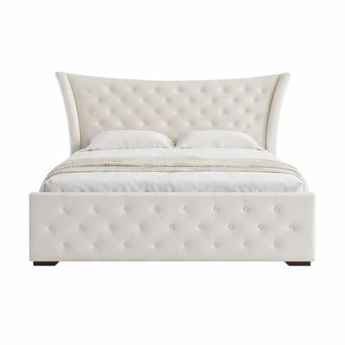 Image of Luxury Queen Size Upholstered Storage Bed with Diamond Tufted Padded Headboard | Premium Velvet Fabric Platform Bed Frame | Solid Wood Structure | Modern Bedroom Furniture | Off White