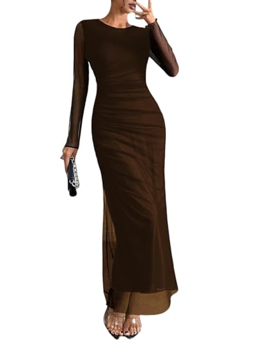 Image of Womens Long Sleeve Maxi Dress Mesh Bodycon Spring Fall Formal Wedding Guest | Tie Dye Ruched Night Out Cocktail Party Long Dresses