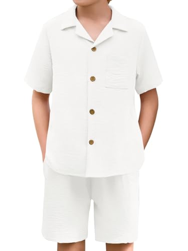 Haloumoning Boys 2 Pieces Summer Outfits Beach Short Sleeve Button Down Shirts and Shorts Vacation Texture Sets for Kids